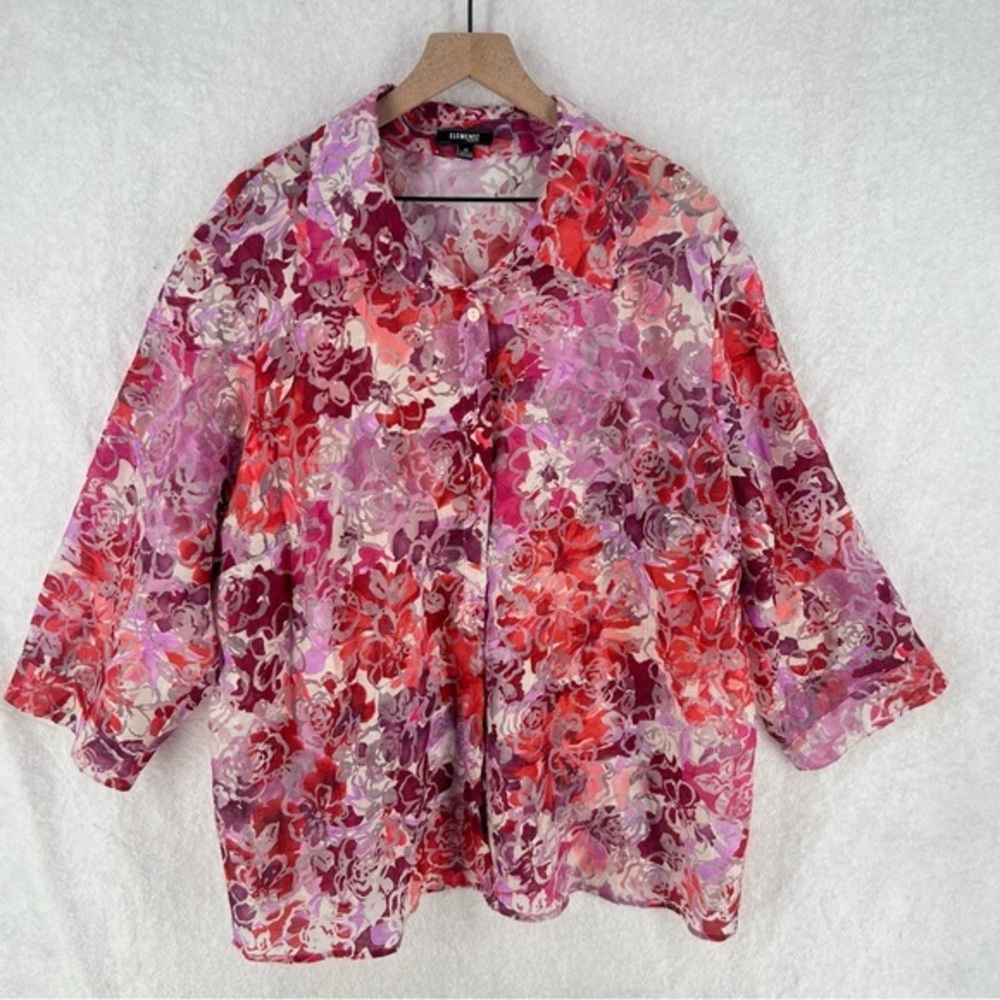 Elementz Woman Sheer Burnout Floral Lace Button Front Collared Shirt 3X